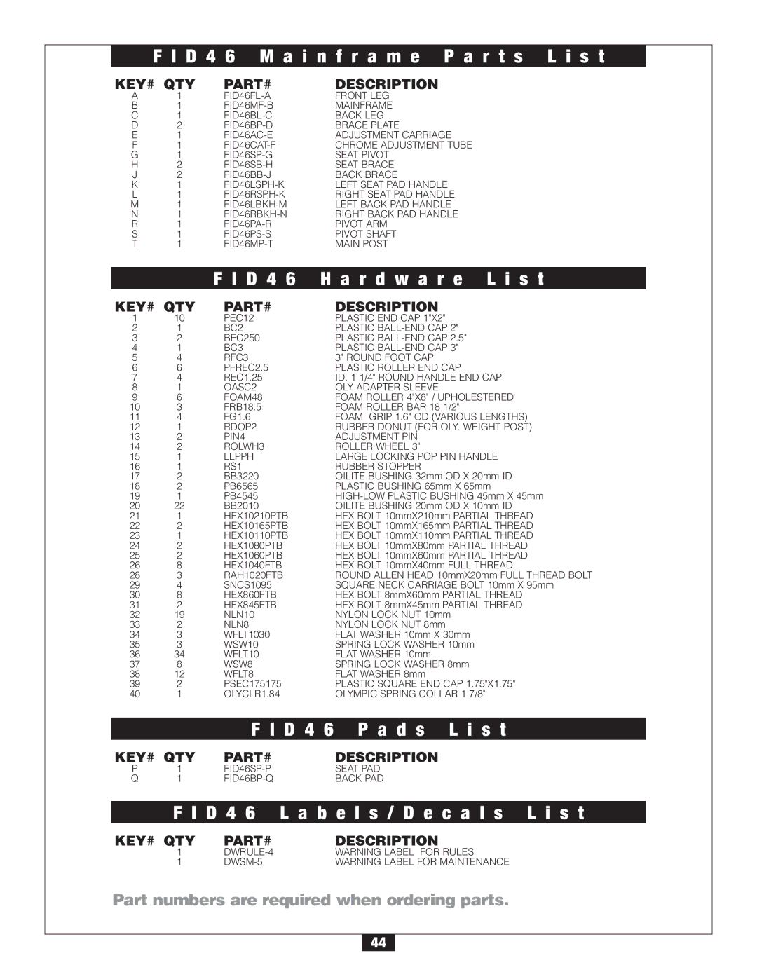 Body Solid FID 46 manual D 4 6 M a i n f r a m e P a r t s L i s t, D 4 6 H a r d w a r e L i s t, D 4 6 P a d s L i s t 