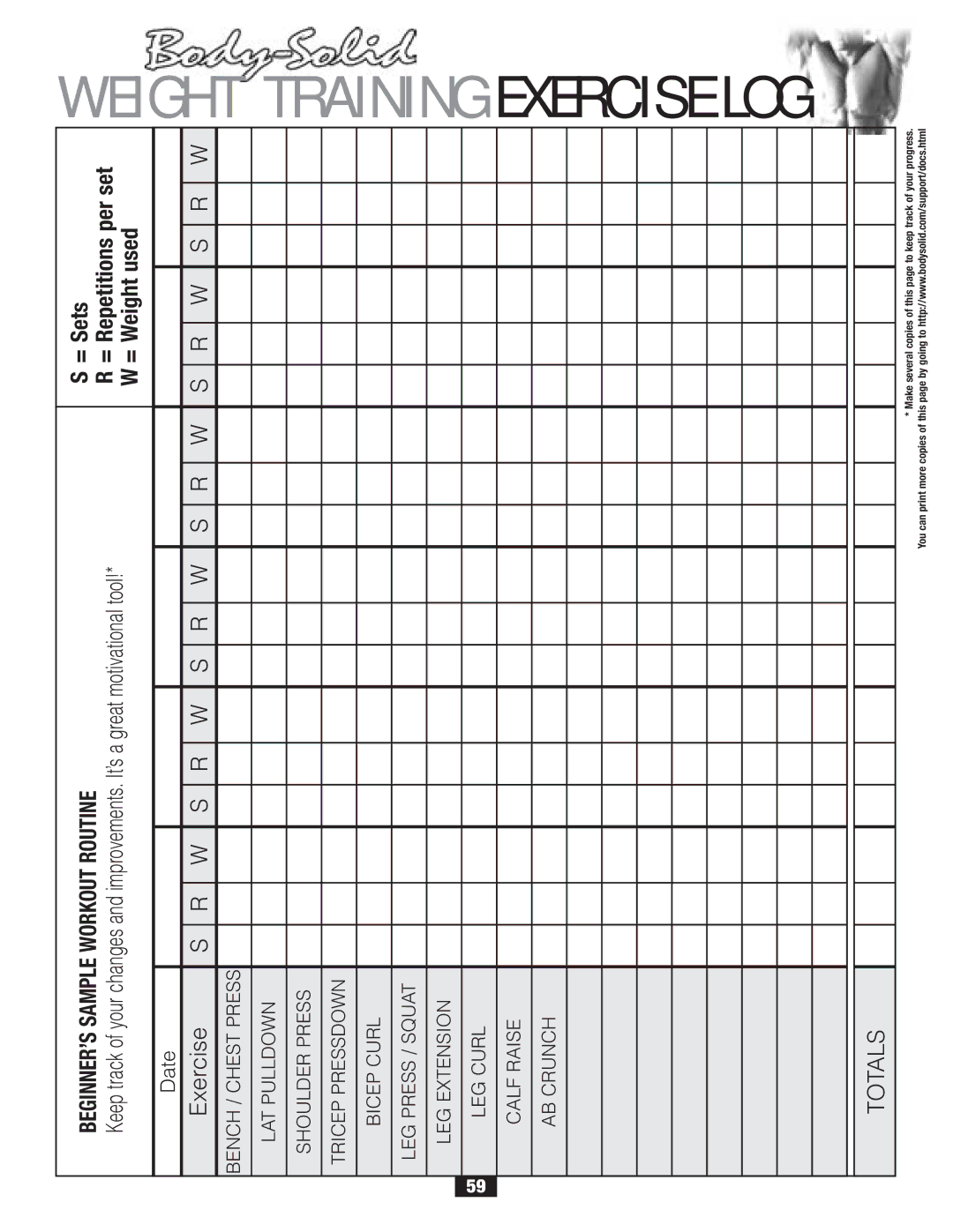 Body Solid G2B manual Weight Training Exercise LOG 