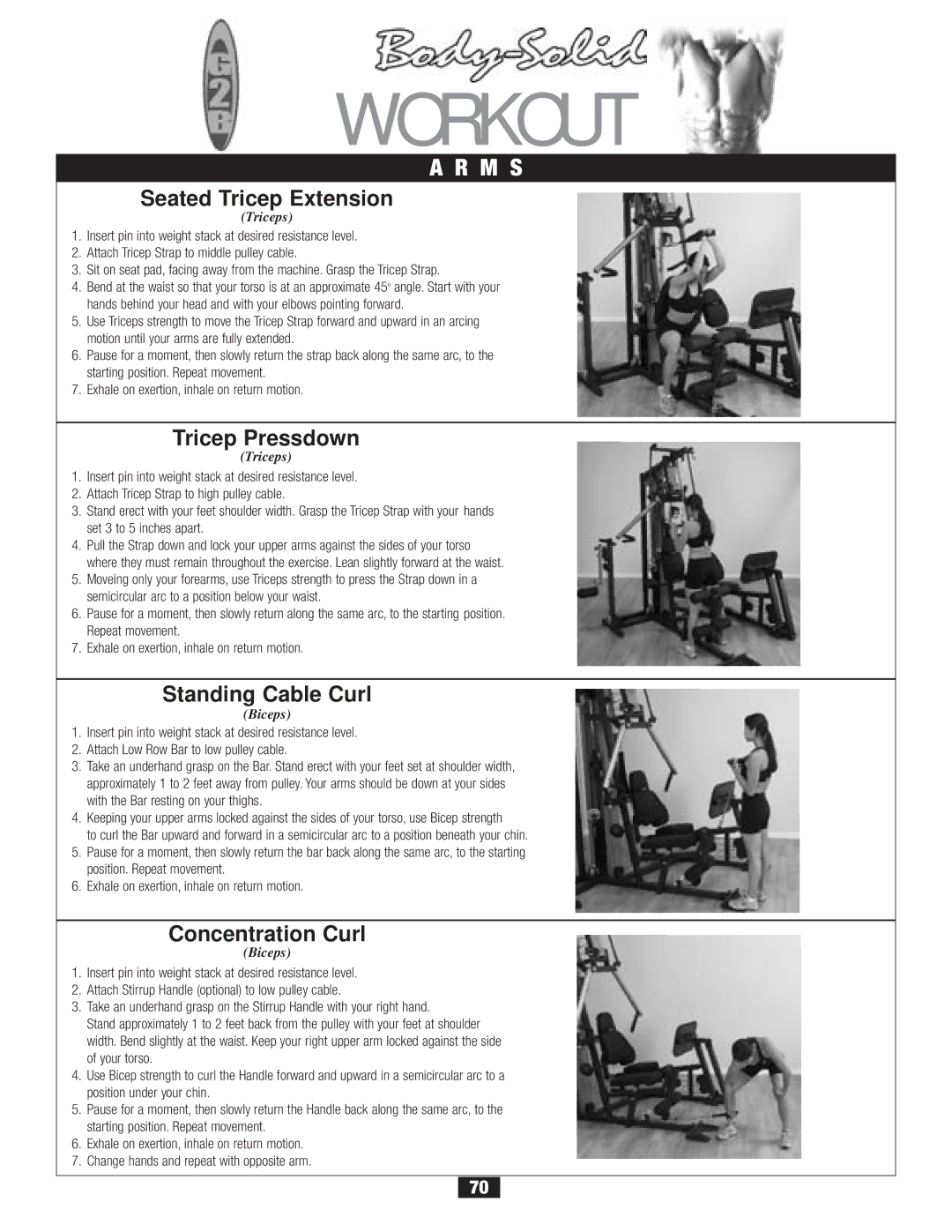 Body Solid G2B manual Seated Tricep Extension, Tricep Pressdown, Standing Cable Curl, Concentration Curl 