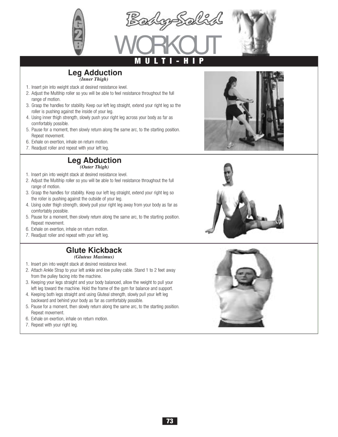 Body Solid G2B manual L T I H I P, Leg Adduction, Leg Abduction, Glute Kickback 