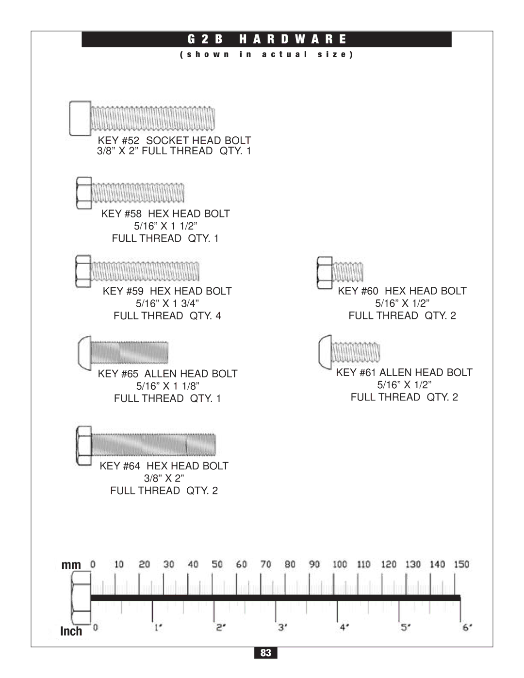 Body Solid G2B manual Full Thread QTY KEY #59 HEX Head Bolt 