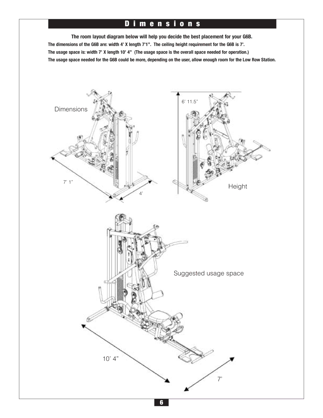 Body Solid G6B manual M e n s i o n s 