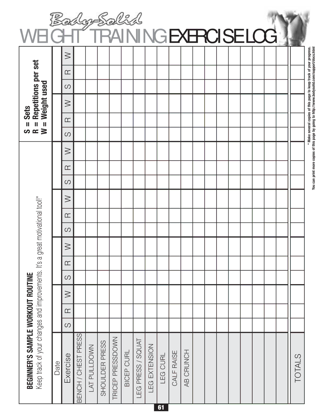 Body Solid G6B manual Weight Training Exercise LOG 