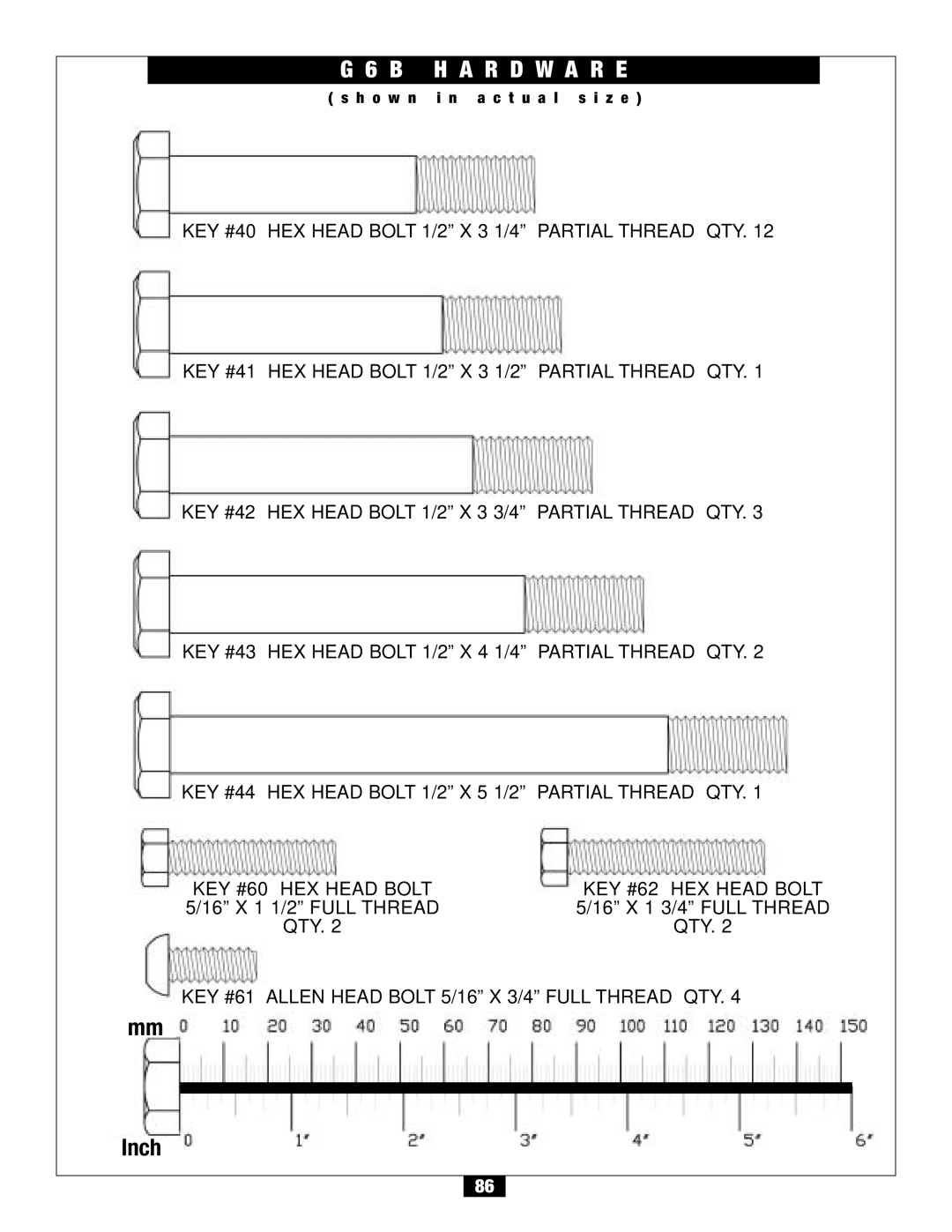 Body Solid G6B manual KEY #61 Allen Head Bolt 5/16 X 3/4 Full Thread QTY 