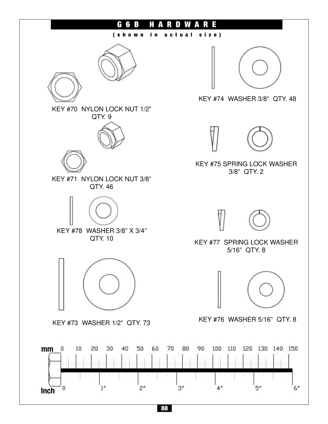 Body Solid G6B manual KEY #70 Nylon Lock NUT 1/2 