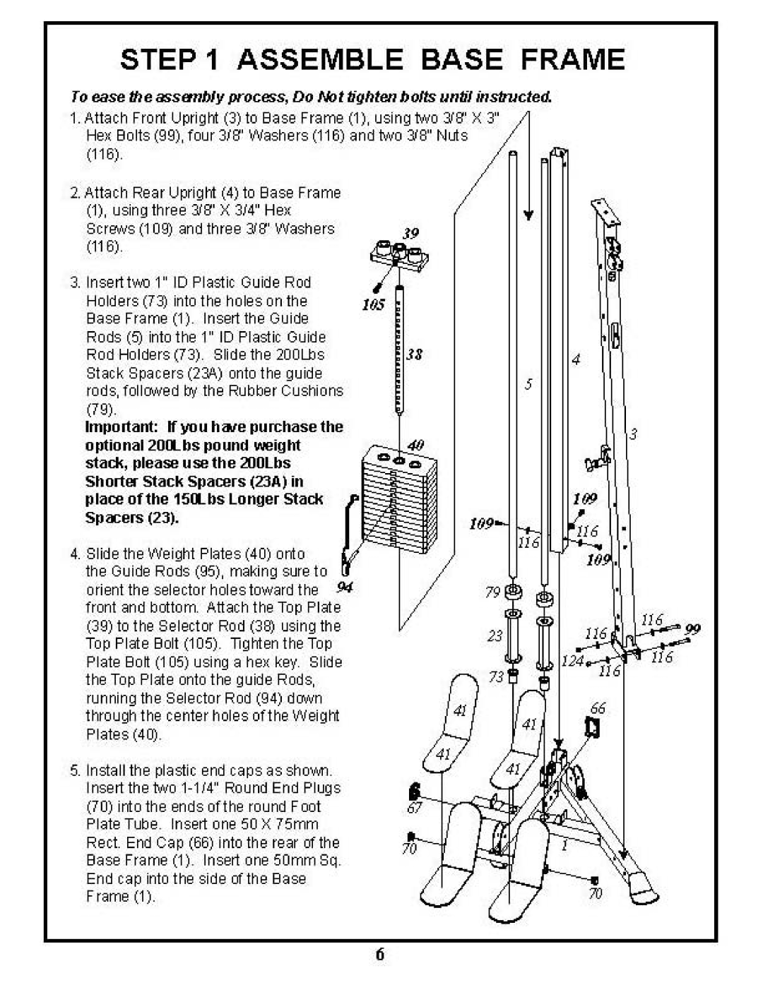 BodyCraft BCG-GX manual Assemble Base Frame, Screws 1 09 ,.,d three nl Washers 