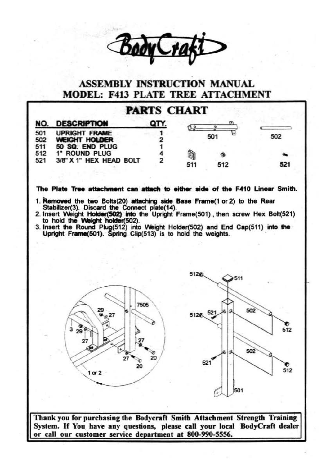 BodyCraft F413 manual ogciW.g, Parts Chart, UPfUGHT FRAME, tE&QHTHCC A, SO sa. END PlUG, The Ptn. no- an.ctwMnt c.n 