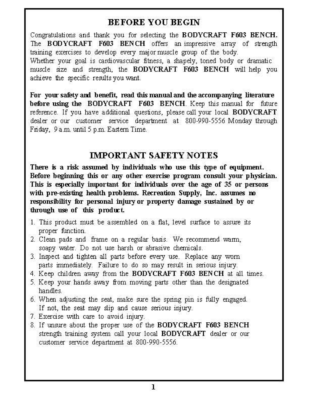 BodyCraft F603 manual Before YOU Begin 