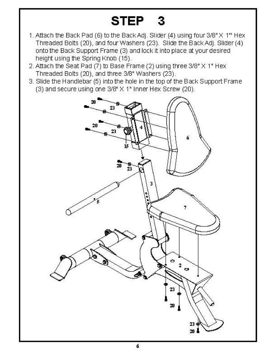 BodyCraft F603 manual Secure using me 3/8 X lInner Hex Screw 