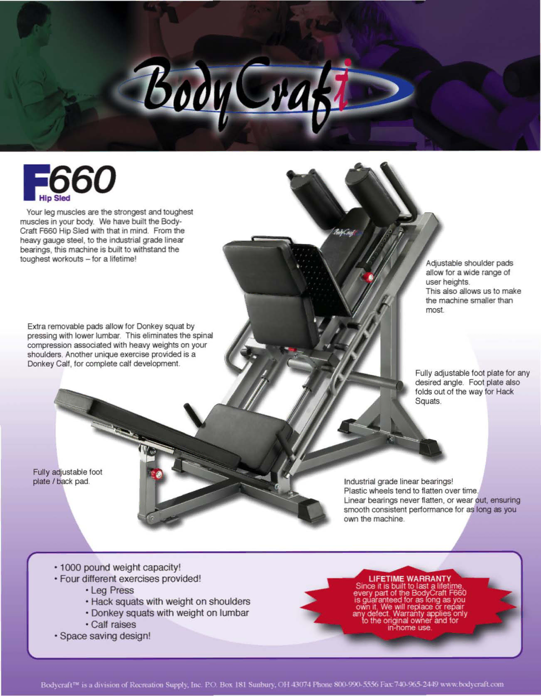 BodyCraft F660 manual 1260, Calf raises, Space saving design 