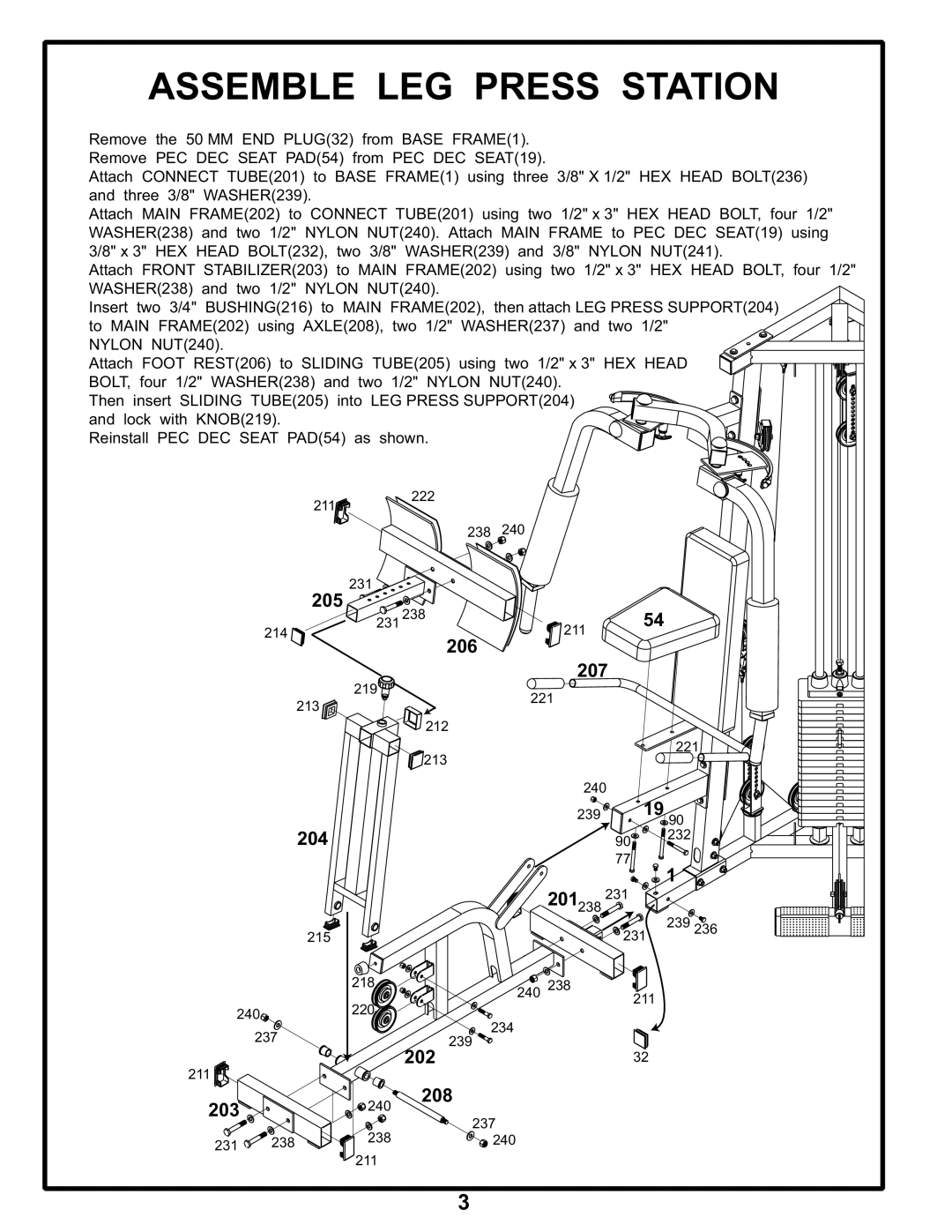 BodyCraft GALENA STRENGTH manual Assemble LEG Press Station, Nylon NUT240 