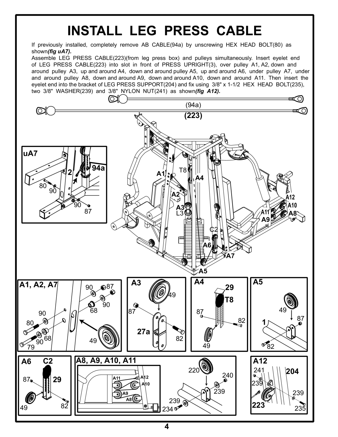 BodyCraft GALENA STRENGTH manual Install LEG Press Cable, A12 241 