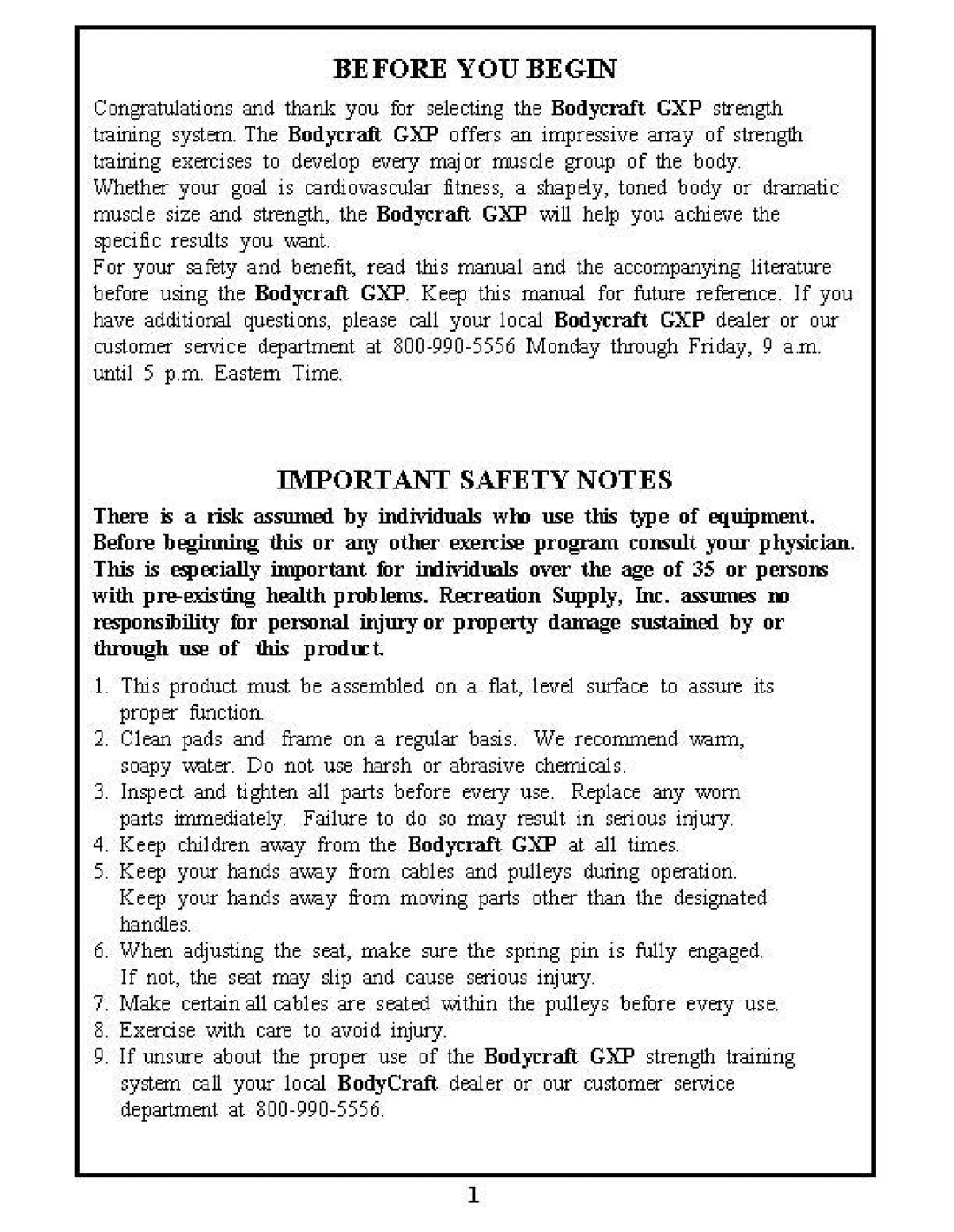 BodyCraft GXP manual Before YOU Begin 