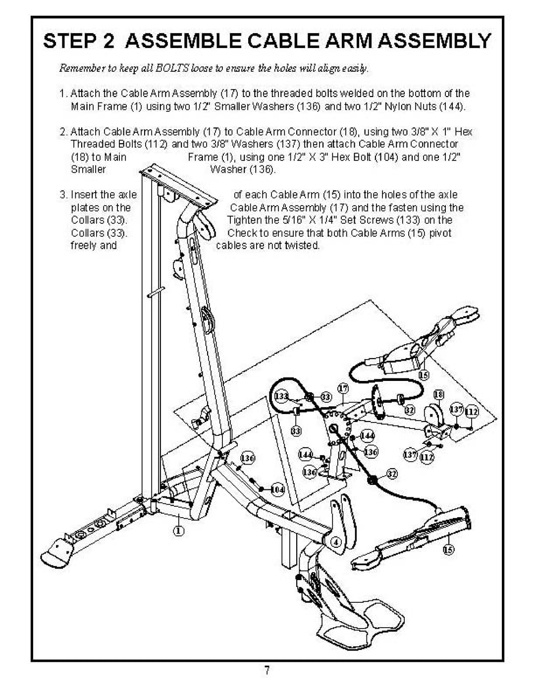 BodyCraft GXP manual Assemble Cable ARM Assembly, Small Washer, Colars 