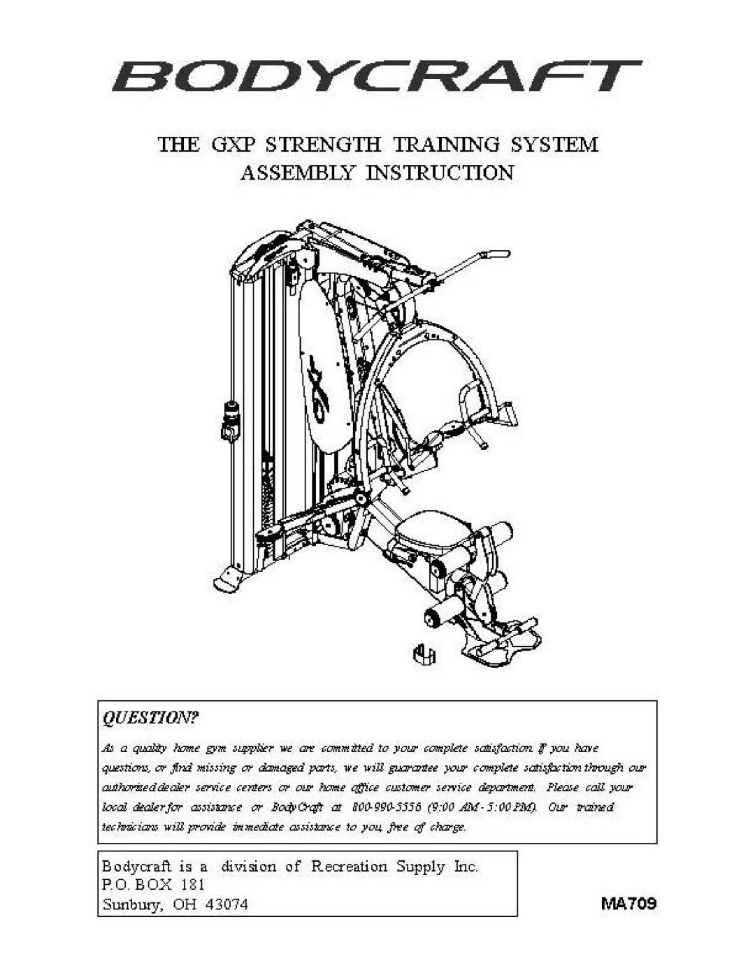 BodyCraft GXP manual Tiie Gxp Strengtii Training System Assembly Instruction, Bodycraft, Question?, MA709 