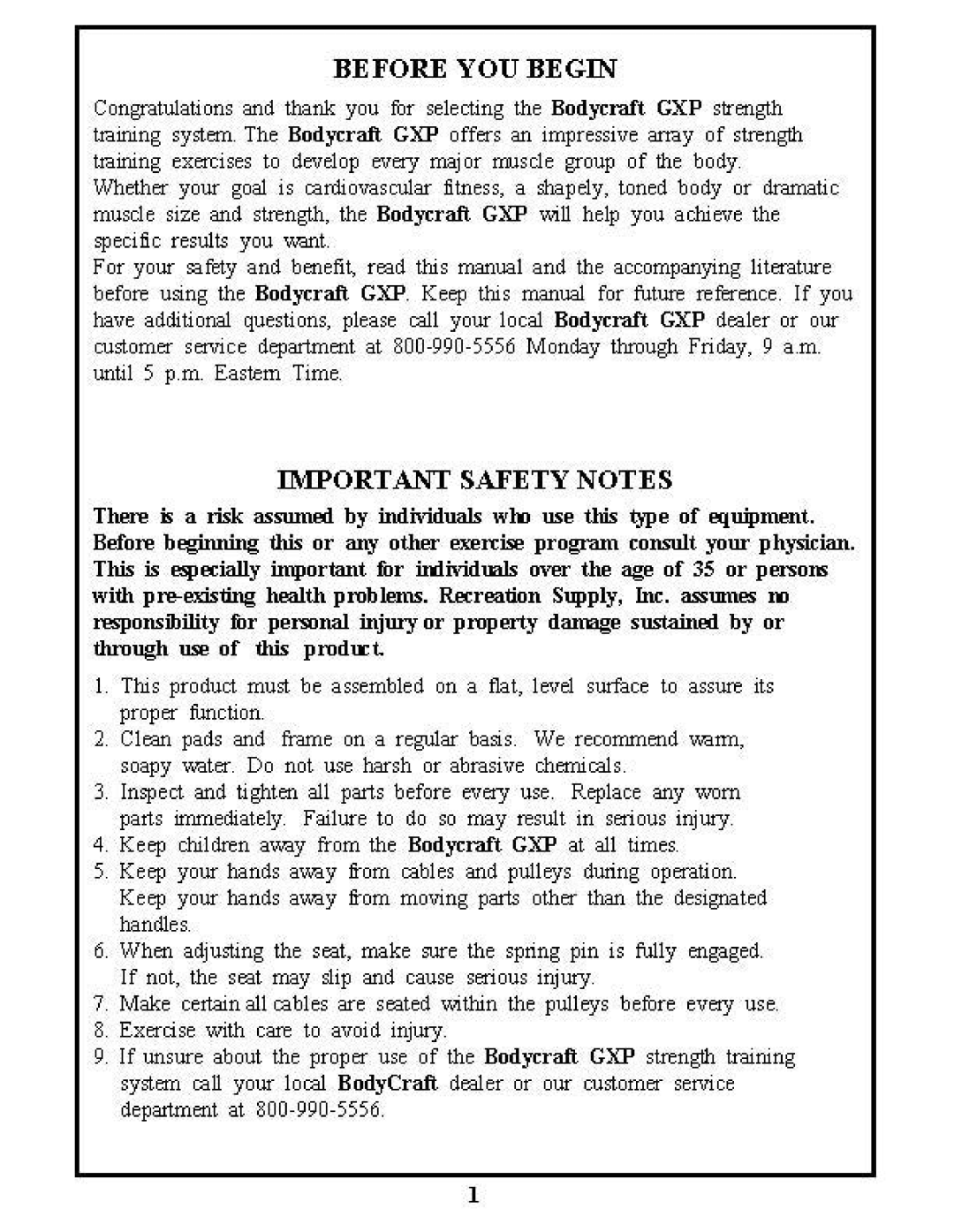 BodyCraft GXP manual Before You Begin, Important Safety Notes 