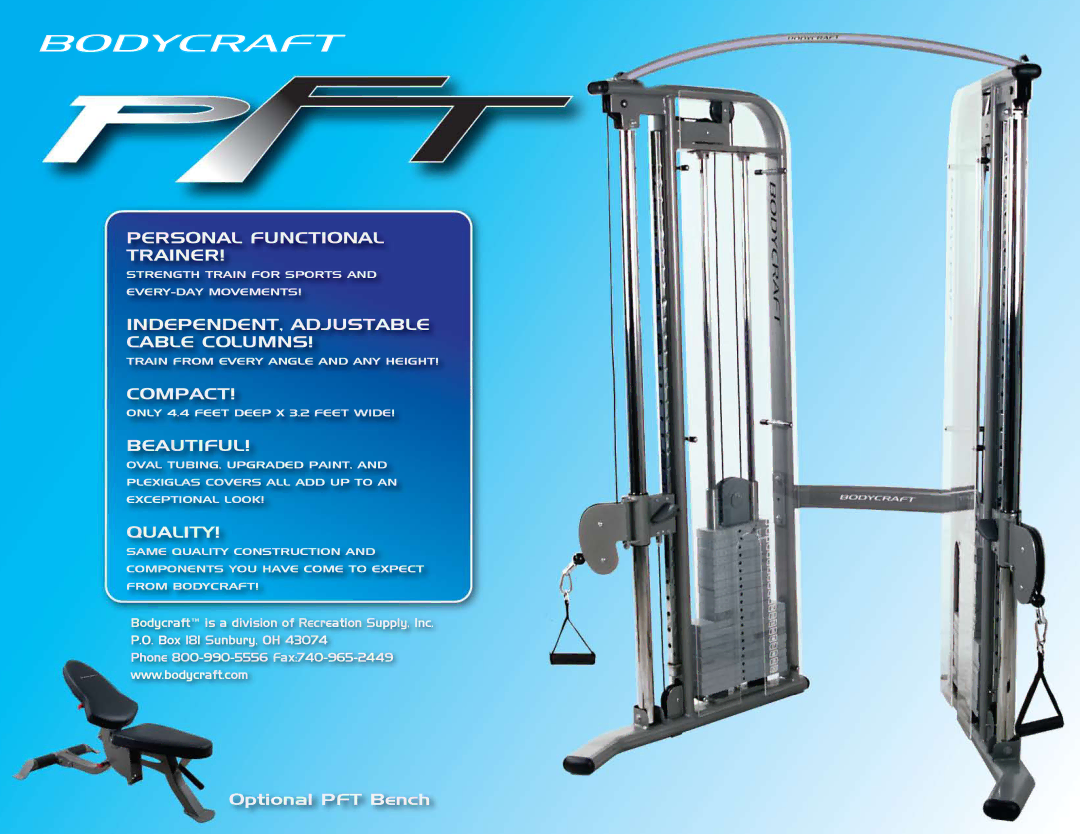 BodyCraft PFT manual Personal Functional Trainer, INDEPENDENT, Adjustable Cable Columns, Compact, Beautiful, Quality 