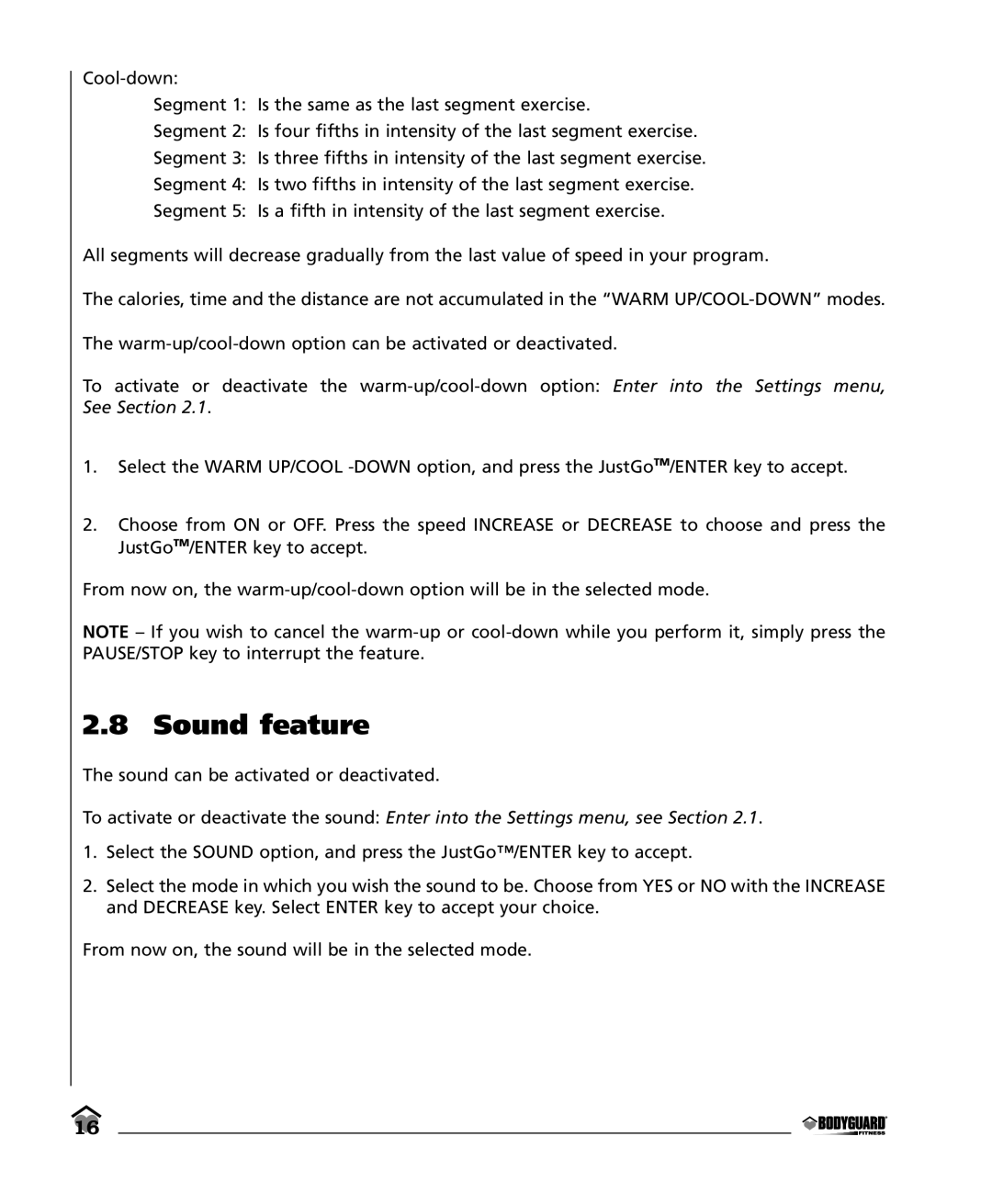 Bodyguard E350 Elliptical manual Sound feature 