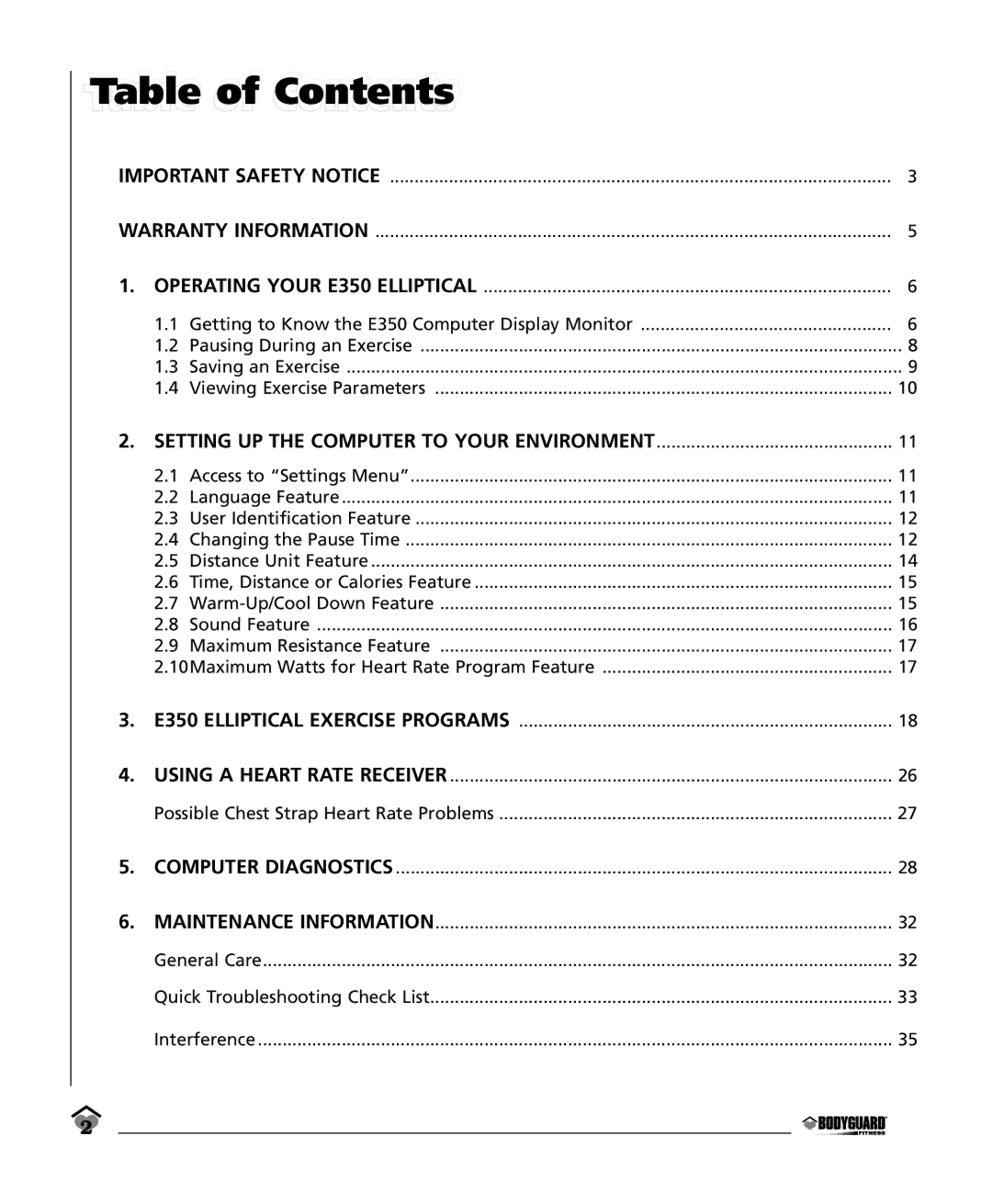 Bodyguard E350 Elliptical manual Contents 