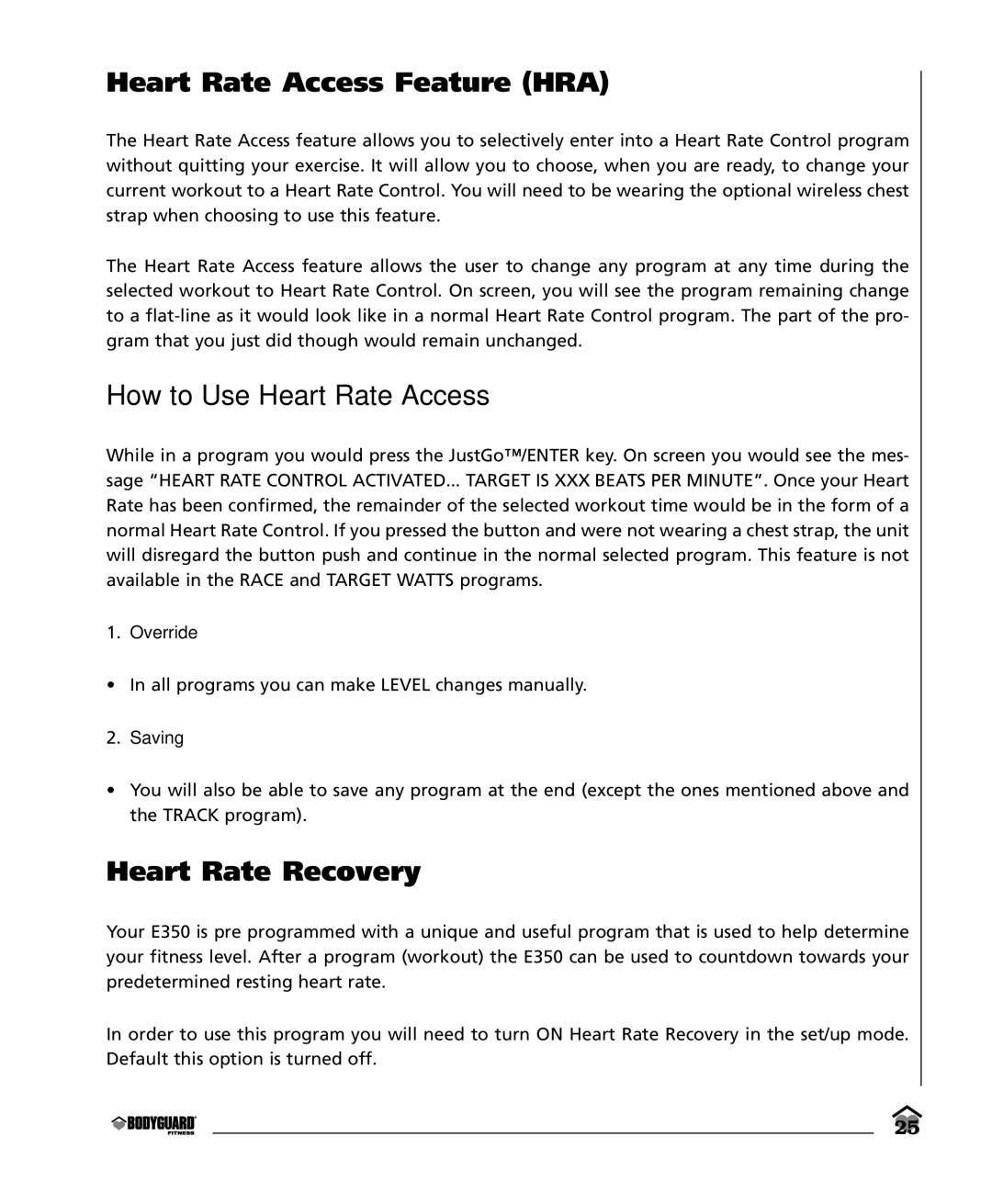 Bodyguard E350 Elliptical manual Heart Rate Access Feature HRA, How to Use Heart Rate Access, Heart Rate Recovery 