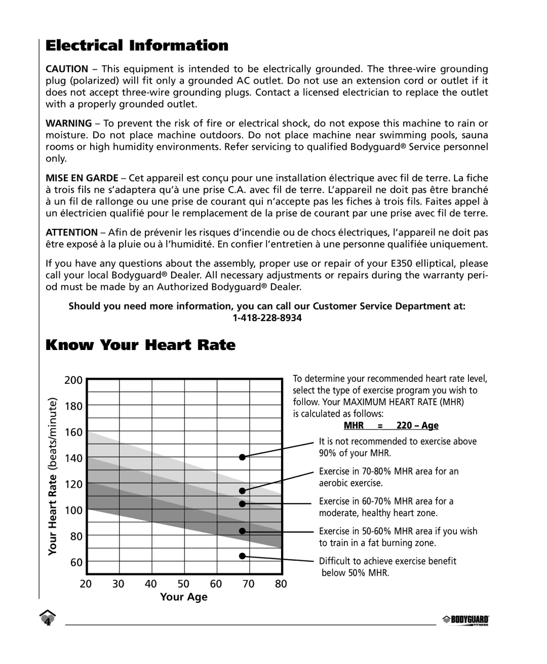 Bodyguard E350 Elliptical manual Electrical Information, Know Your Heart Rate 