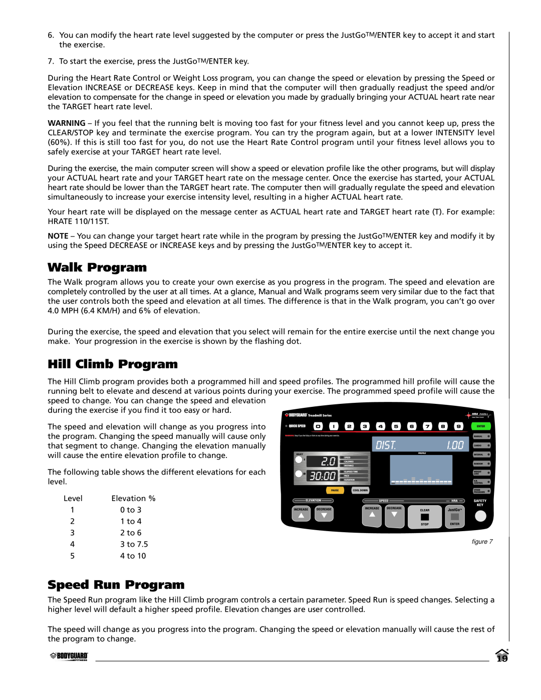 Bodyguard T280C, T320, LT280P manual Walk Program, Hill Climb Program, Speed Run Program 
