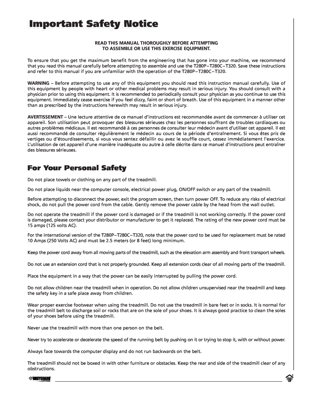 Bodyguard T320, T280C, LT280P IMPORTANTImportant SafetySAFETYNoticeNOTICE, Impotant Safety Notice, For Your Personal Safety 
