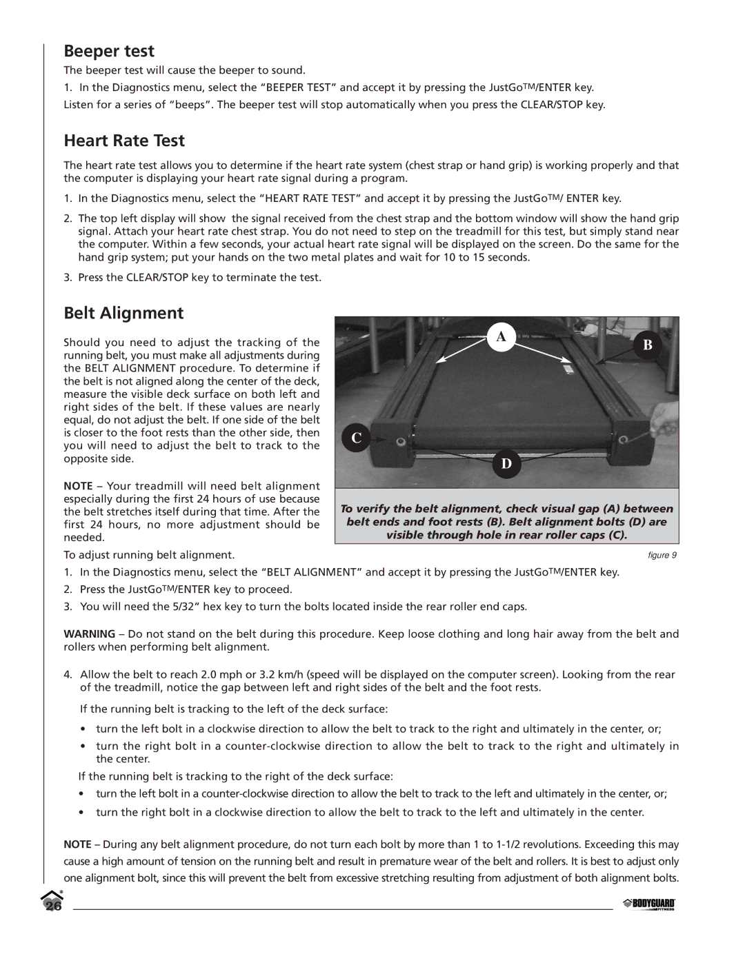 Bodyguard T560, T360 manual Beeper test, Heart Rate Test, Belt Alignment 