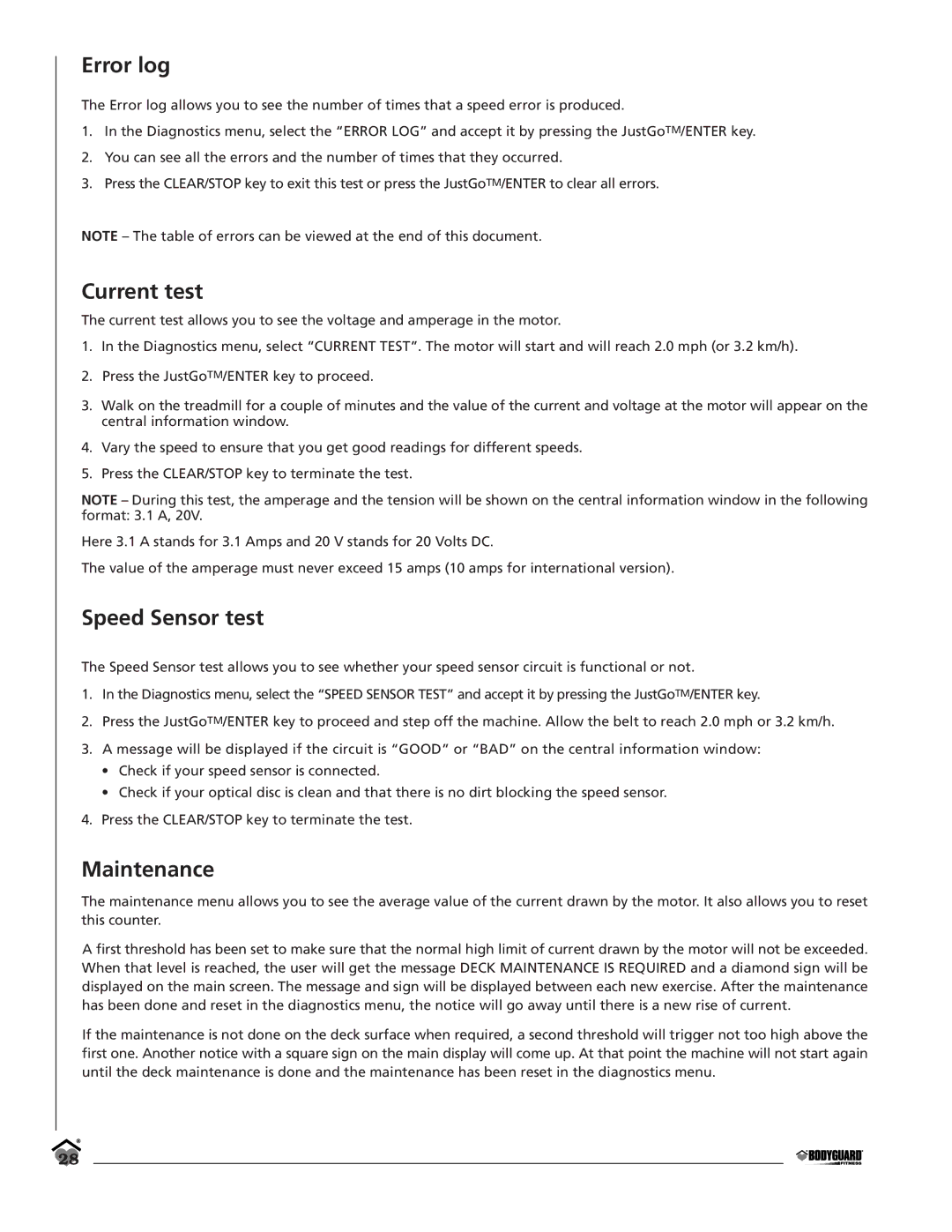 Bodyguard T560, T360 manual Error log, Current test, Speed Sensor test, Maintenance 