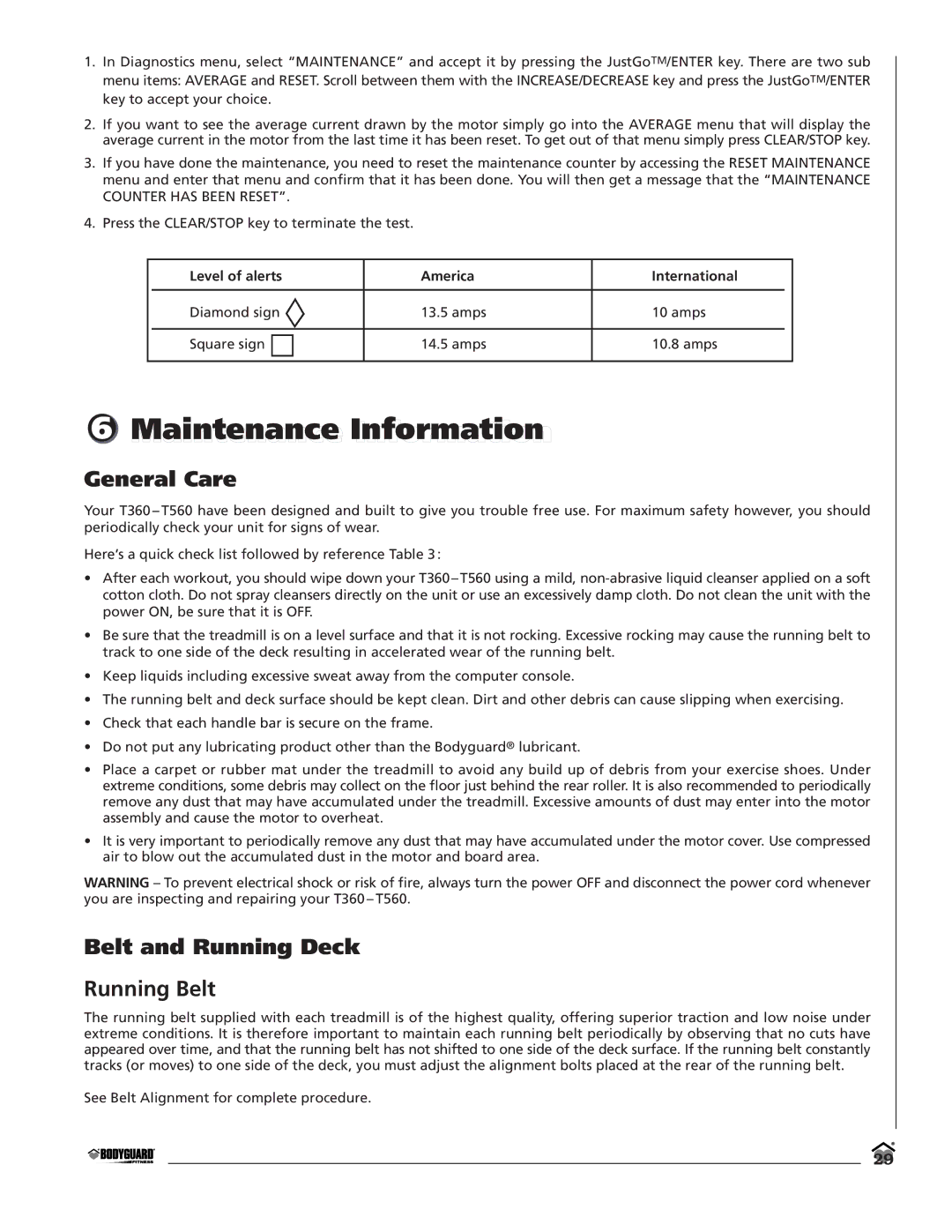 Bodyguard T360, T560 manual General Care, Belt and Running Deck Running Belt 