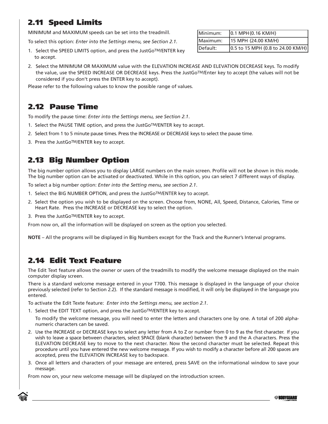 Bodyguard T700 manual Speed Limits, Pause Time, Big Number Option, Edit Text Feature 