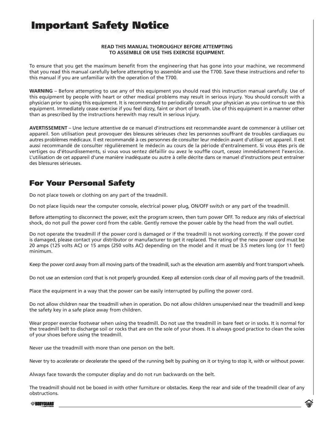 Bodyguard T700 manual Impotant Safety Notice, For Your Personal Safety 