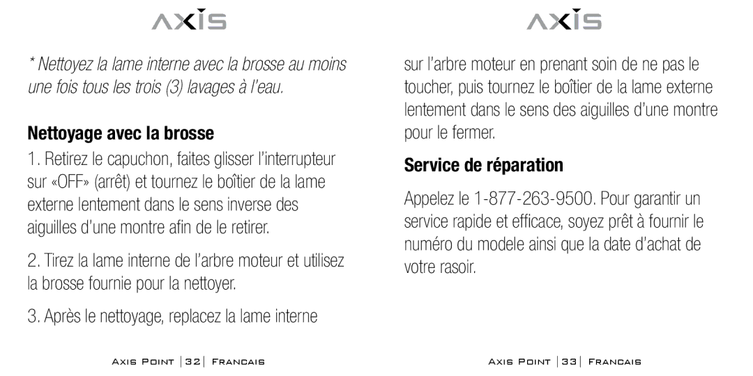 Bodyline Products International AX-0100 instruction manual Nettoyage avec la brosse, Service de réparation 