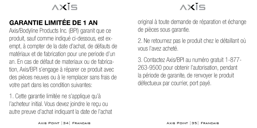 Bodyline Products International AX-0100 instruction manual Axis Point 34 Francais Axis Point 35 Francais 