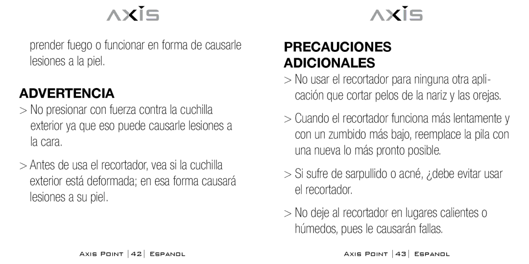 Bodyline Products International AX-0100 instruction manual Advertencia, Precauciones Adicionales 