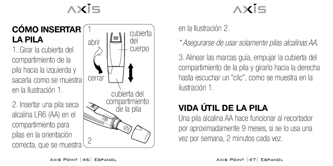 Bodyline Products International AX-0100 instruction manual Cómo Insertar LA Pila, Abrir Del, Vida útil de la pila 