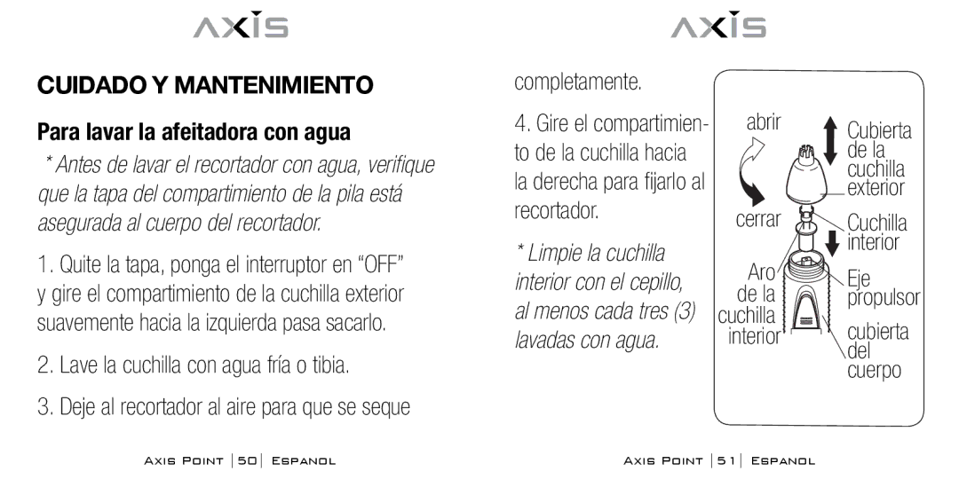 Bodyline Products International AX-0100 Cuidado Y Mantenimiento, Para lavar la afeitadora con agua, Completamente 