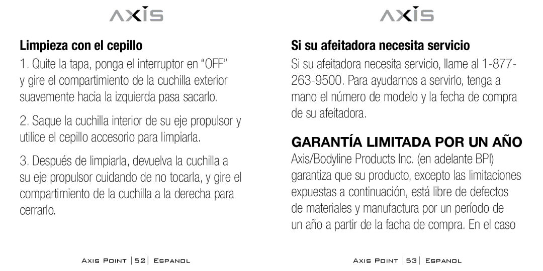 Bodyline Products International AX-0100 instruction manual Limpieza con el cepillo, Si su afeitadora necesita servicio 