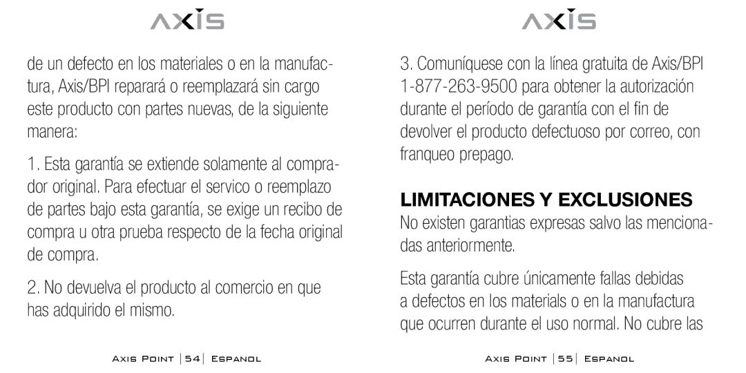 Bodyline Products International AX-0100 instruction manual Axis Point 54 Espanol Axis Point 55 Espanol 