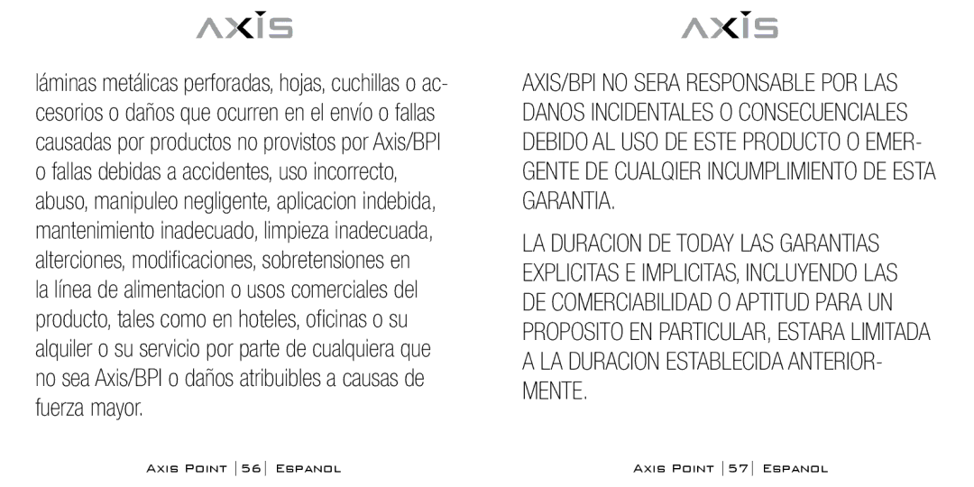 Bodyline Products International AX-0100 instruction manual Axis Point 56 Espanol Axis Point 57 Espanol 