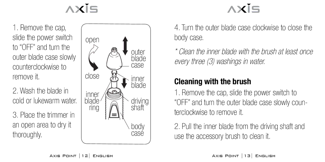 Bodyline Products International AX-0100 Open Close, Turn the outer blade case clockwise to close the body case 