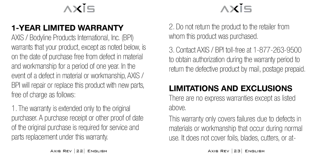 Bodyline Products International AX-1300 instruction manual Axis REV 22 English Axis REV 23 English 