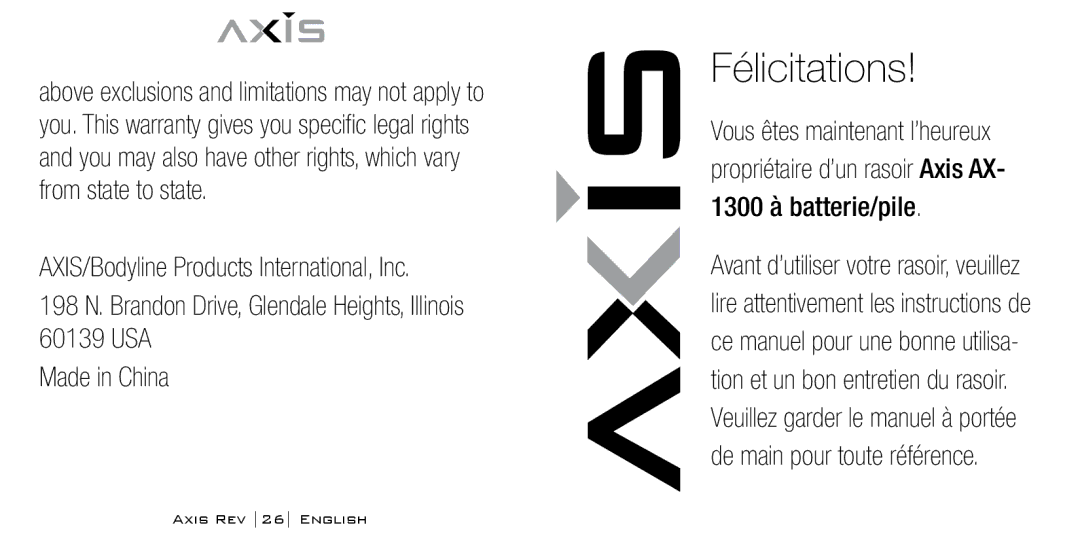 Bodyline Products International AX-1300 instruction manual Félicitations 