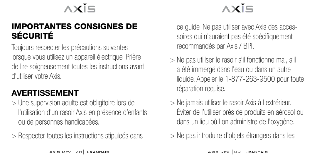 Bodyline Products International AX-1300 instruction manual Importantes Consignes DE Sécurité, Avertissement 