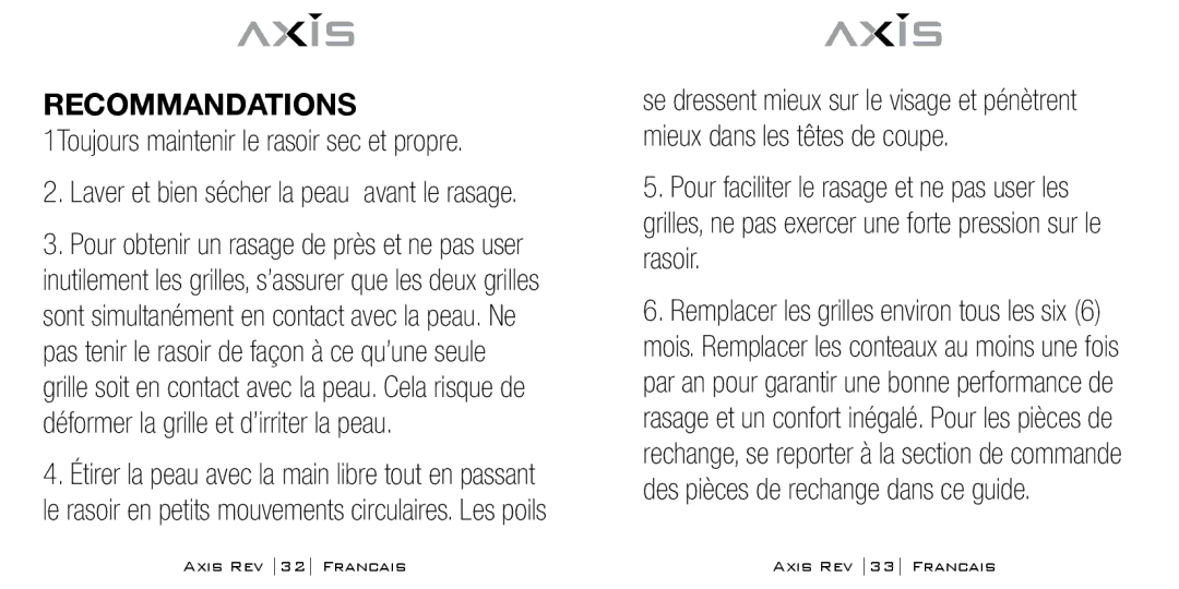 Bodyline Products International AX-1300 instruction manual Recommandations 1Toujours maintenir le rasoir sec et propre 