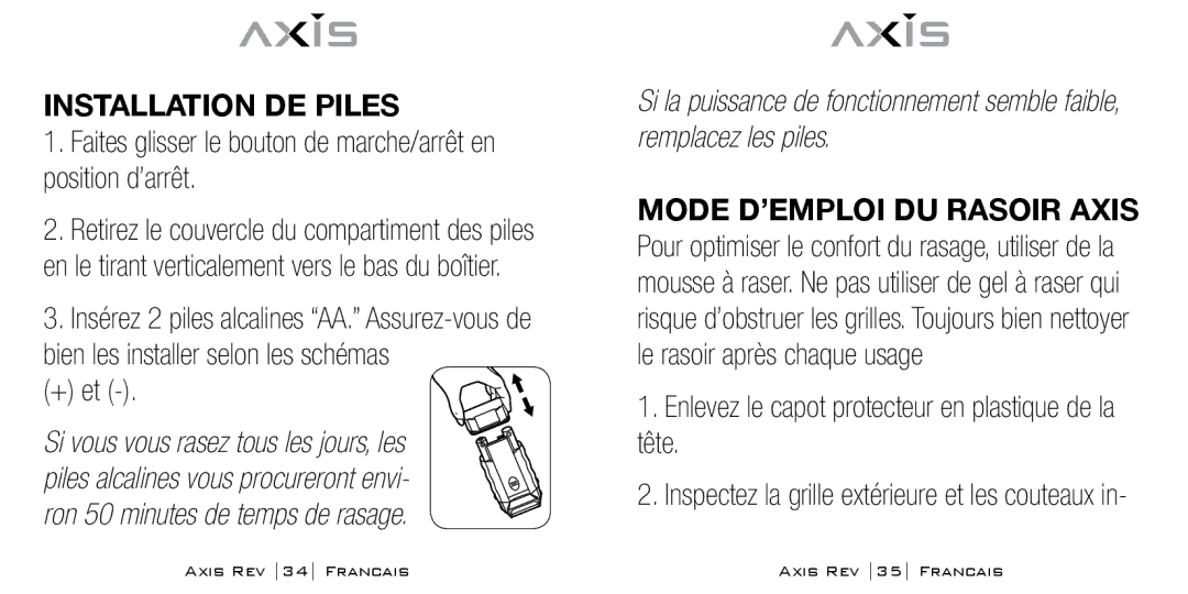 Bodyline Products International AX-1300 Installation de piles, + et, Enlevez le capot protecteur en plastique de la tête 