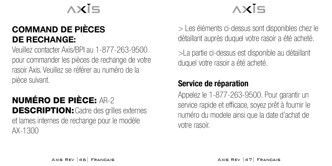 Bodyline Products International AX-1300 Command de pièces de rechange, Numéro de pièce AR-2, Service de réparation 