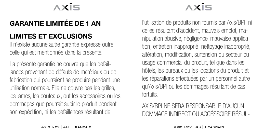 Bodyline Products International AX-1300 instruction manual Garantie Limitée DE 1 AN Limites et exclusions 