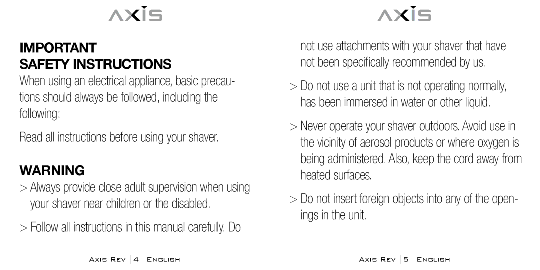 Bodyline Products International AX-1300 Safety Instructions, Read all instructions before using your shaver 