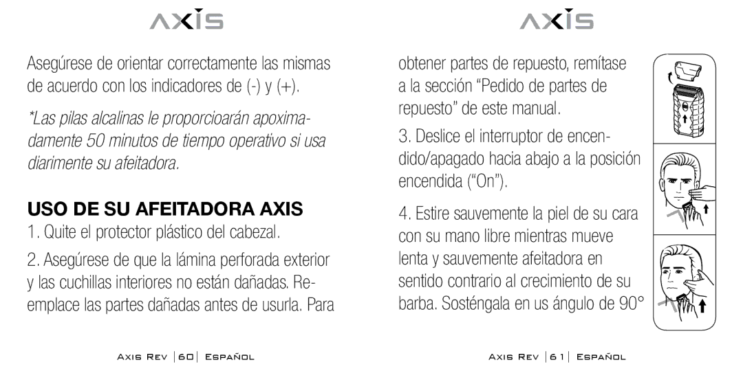 Bodyline Products International AX-1300 Uso de su afeitadora Axis, Quite el protector plástico del cabezal 